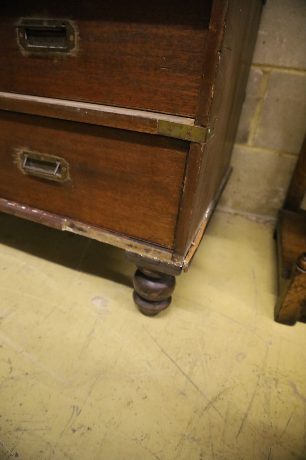 A 19th century teak two part campaign chest, width 106cm, depth 49cm, height 106cm